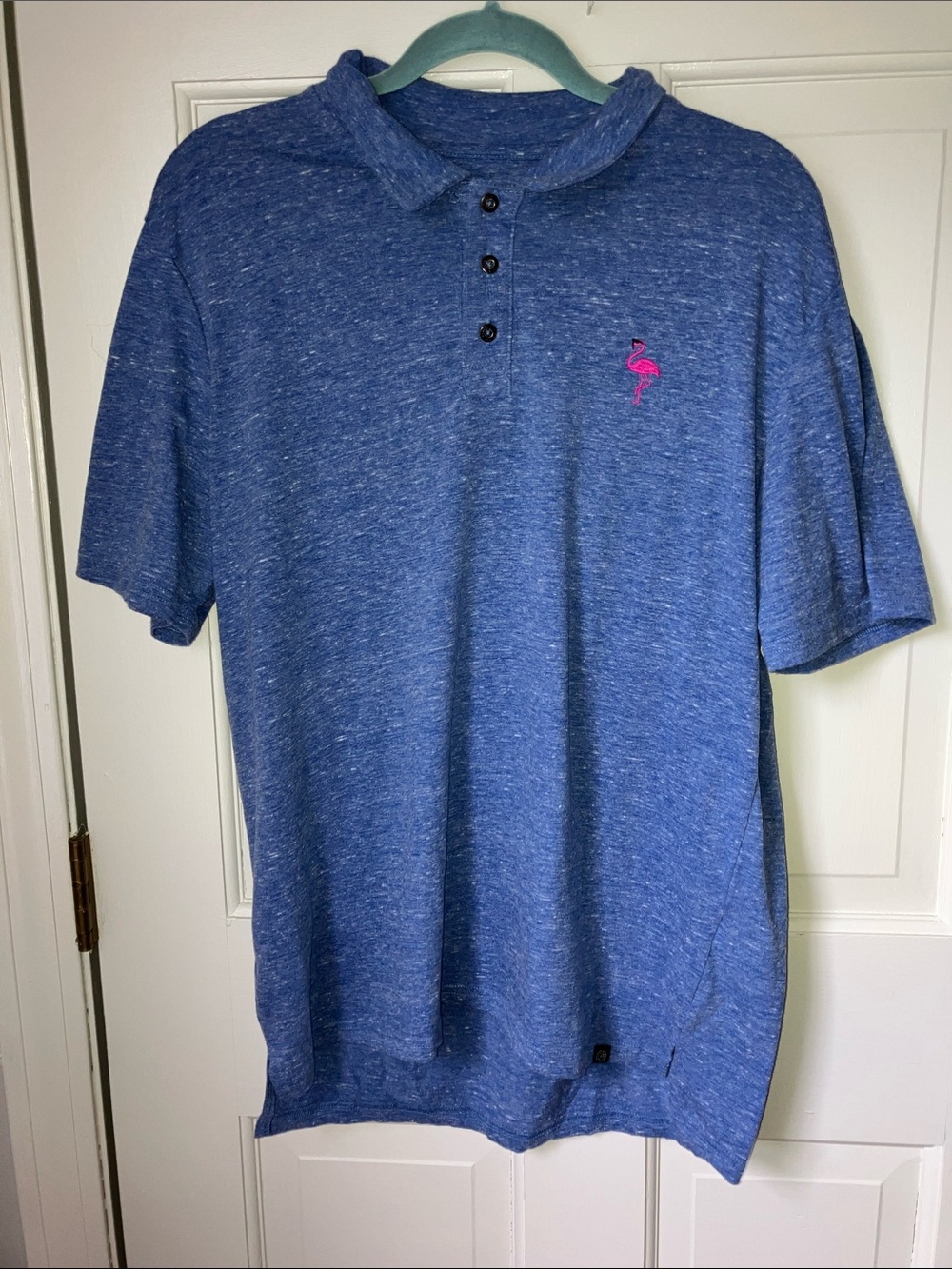 Collared blue short sleeve polo with pink flamingo accent L